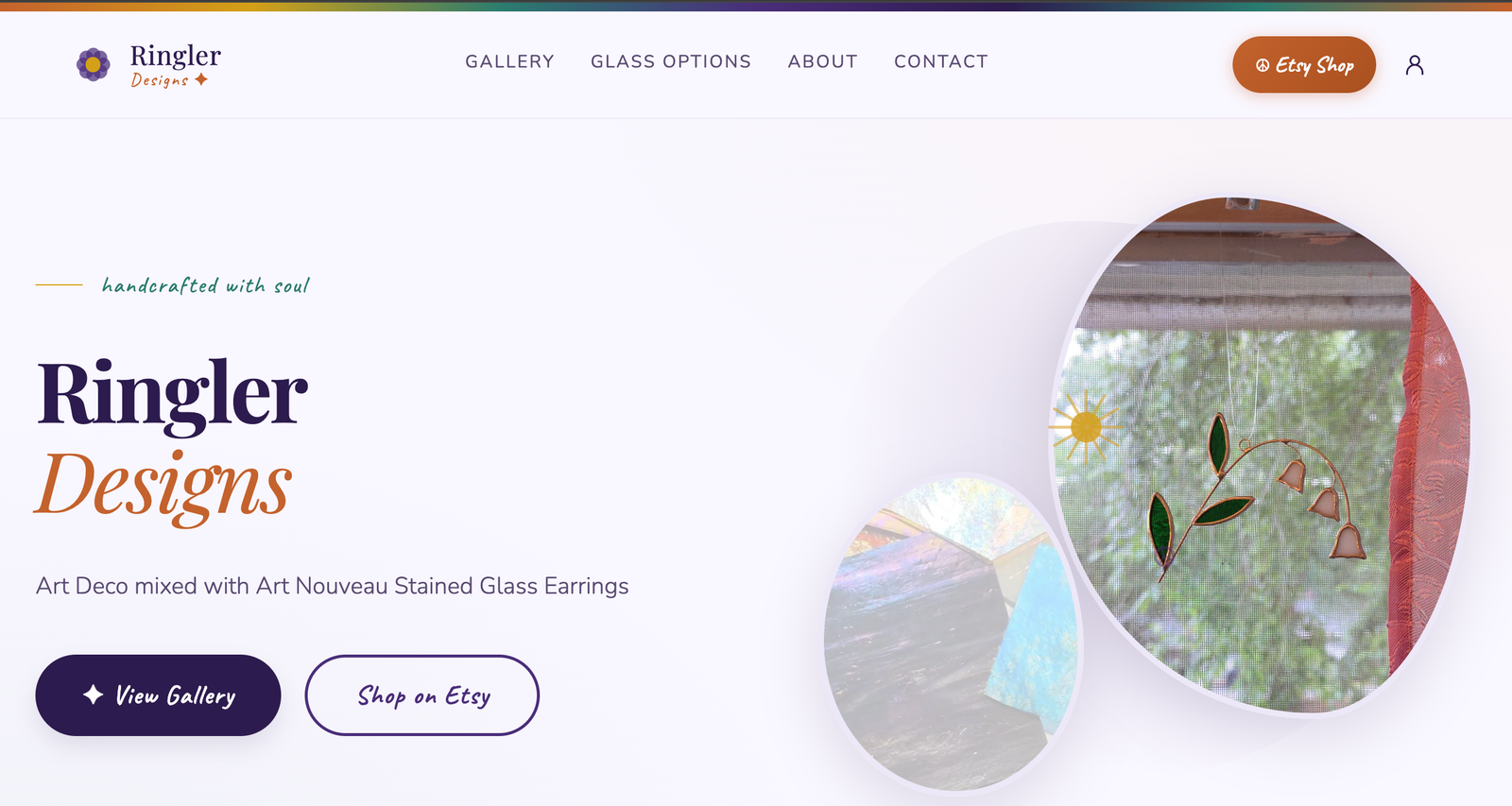 Ringler Designs website example, with a purple and orange identity and handcrafted stained-glass imagery